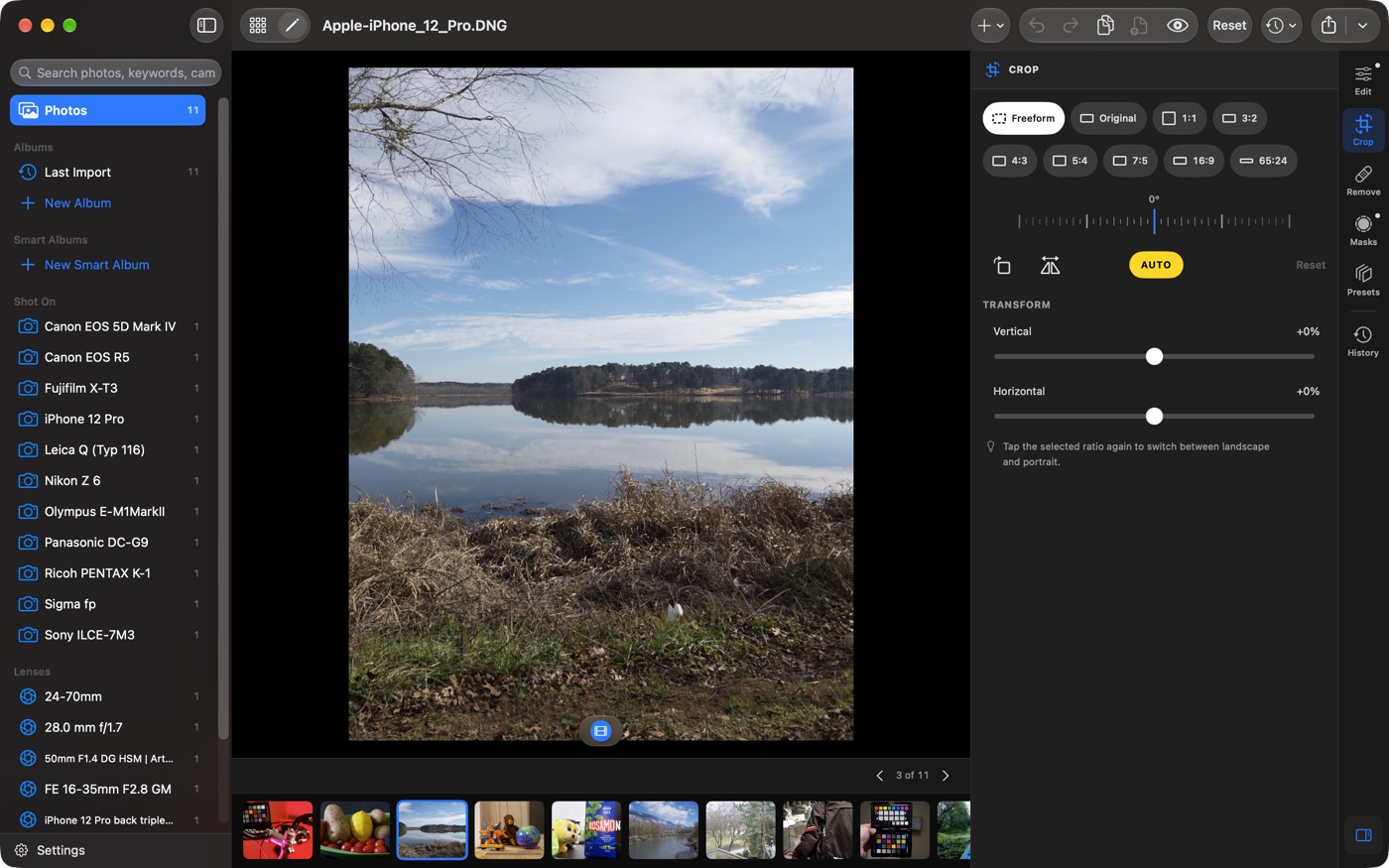 The Crop tool with aspect presets, a straighten dial, Auto and perspective sliders on an iPhone 12 Pro ProRAW photo