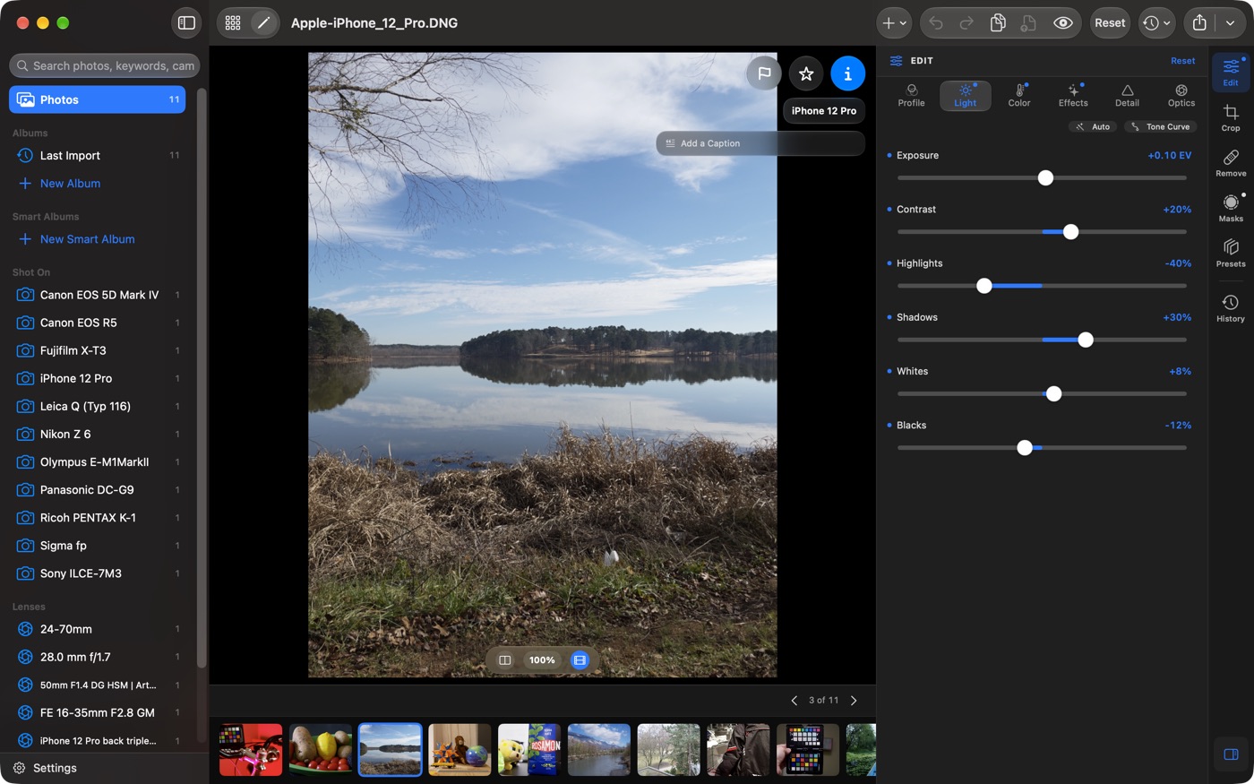 An Apple ProRAW photo of a lake from an iPhone 12 Pro open in the Raw Smith editor, with edited Light sliders