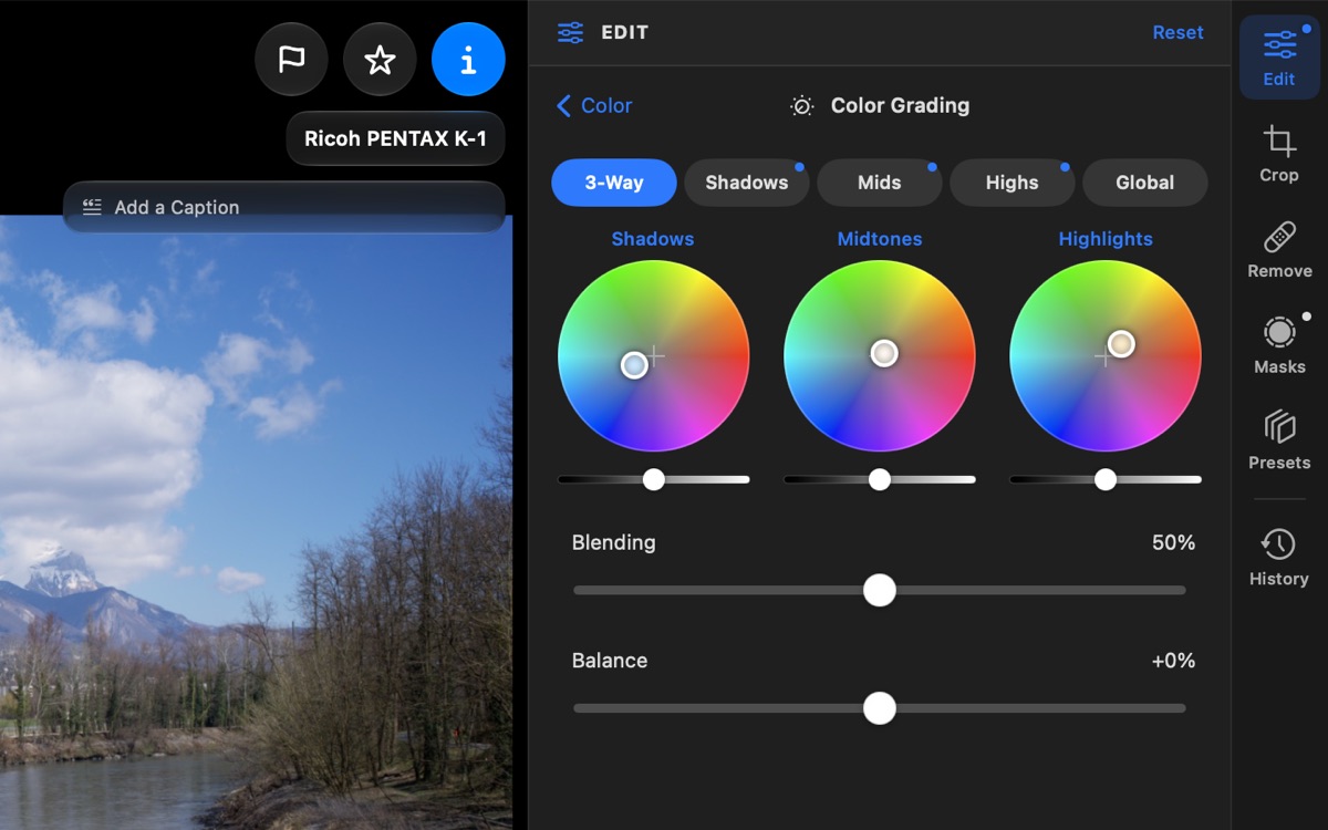 Three-way colour grading wheels for shadows, midtones and highlights, with Blending and Balance