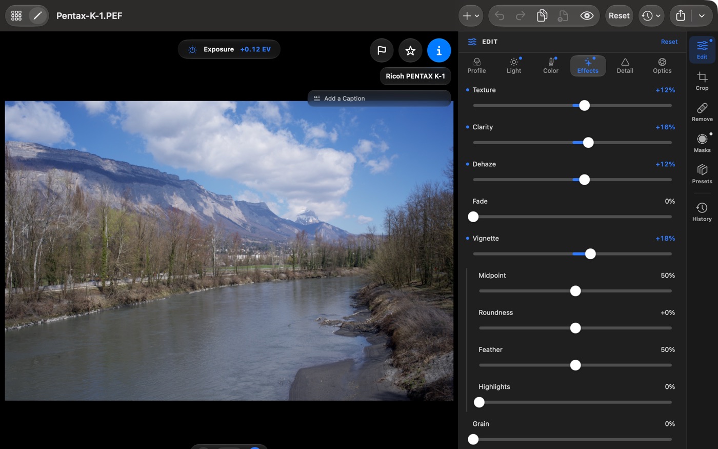 The Effects panel with Texture, Clarity, Dehaze and vignette shape, and the Speed Edit readout for Exposure